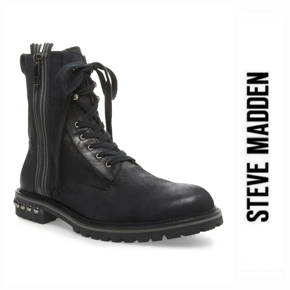 Edgy Steve Madden Studded Lug Sole Weathered Leather Combat Boots - Picture 1 of 11
